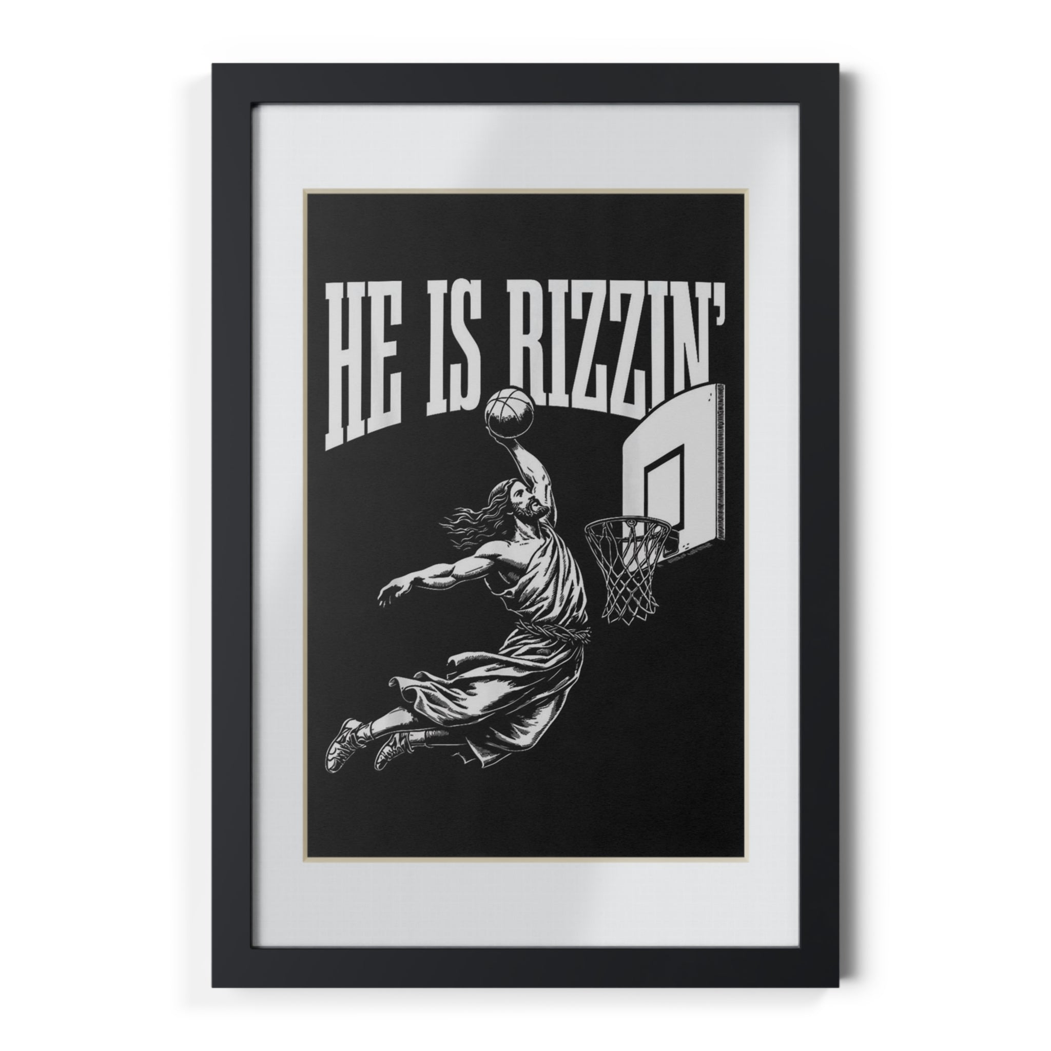 He Is Rizzin' Easter Basketball Framed Poster — Black Slam Dunk Wall Art