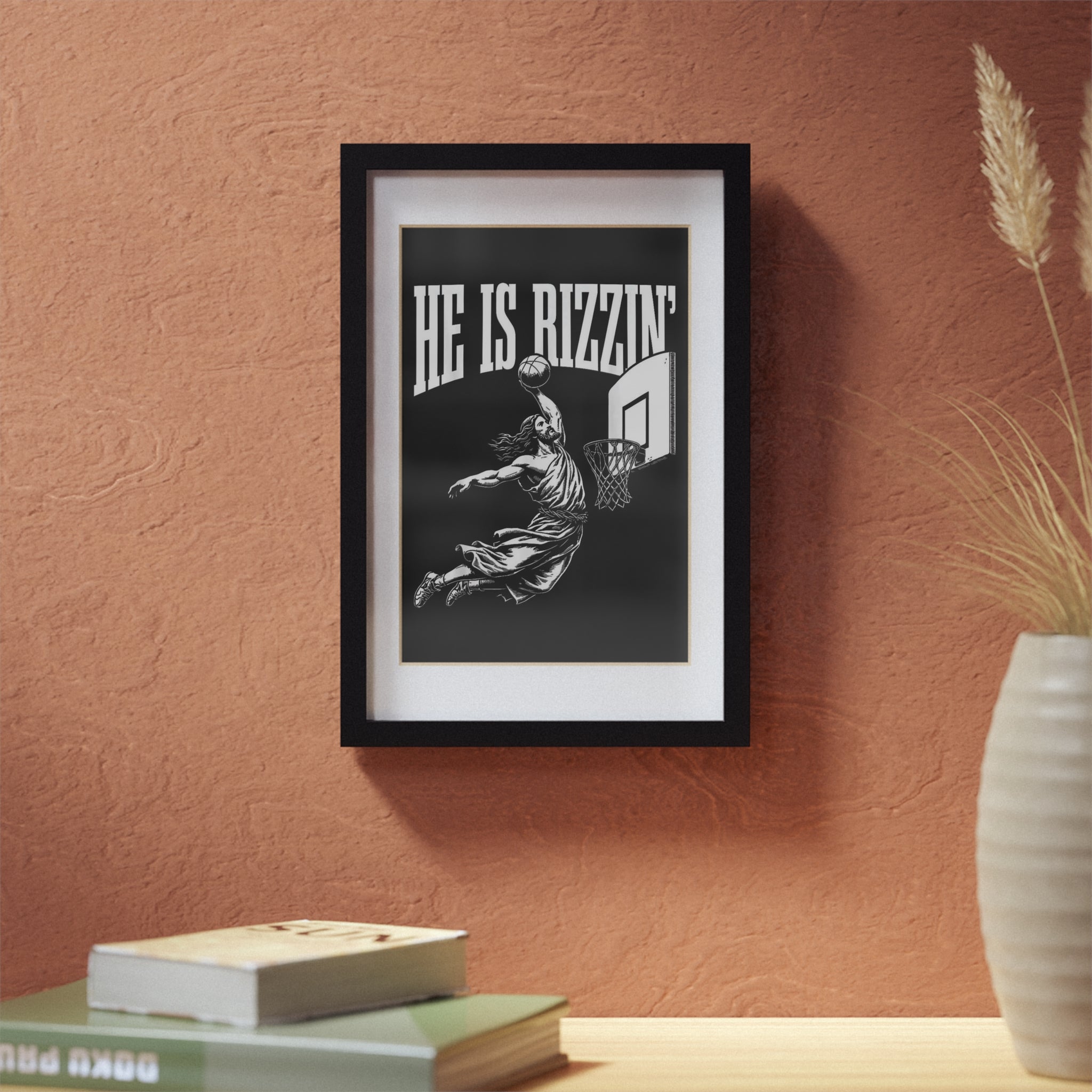He Is Rizzin' Easter Basketball Framed Poster — Black Slam Dunk Wall Art