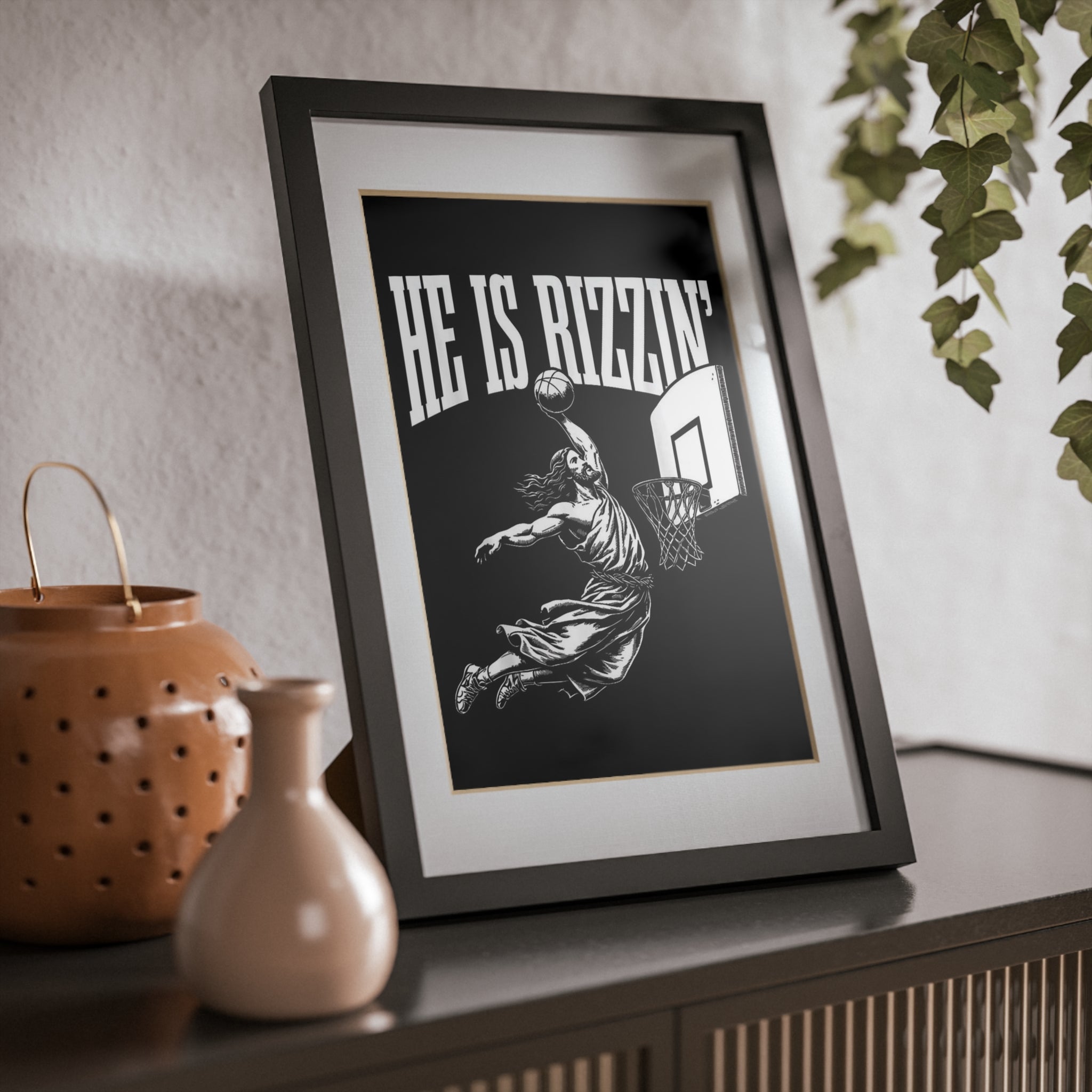 He Is Rizzin' Easter Basketball Framed Poster — Black Slam Dunk Wall Art