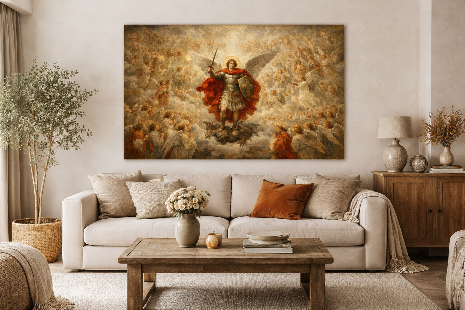 5. My family is protected by St. Michael Archangel Satin Canvas Print — Classic Religious Wall Art